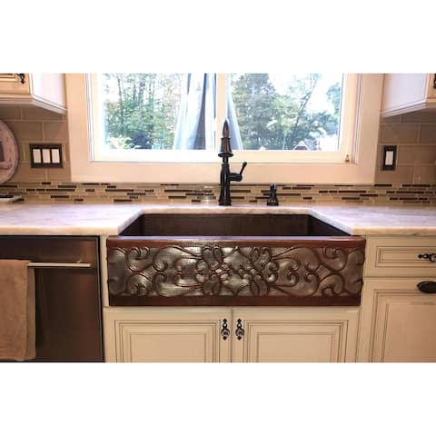 33-in Hammered Copper Apron Front Single Basin Kitchen Sink w/ Scroll Design and Nickel Background (KASDB33229S-NB)