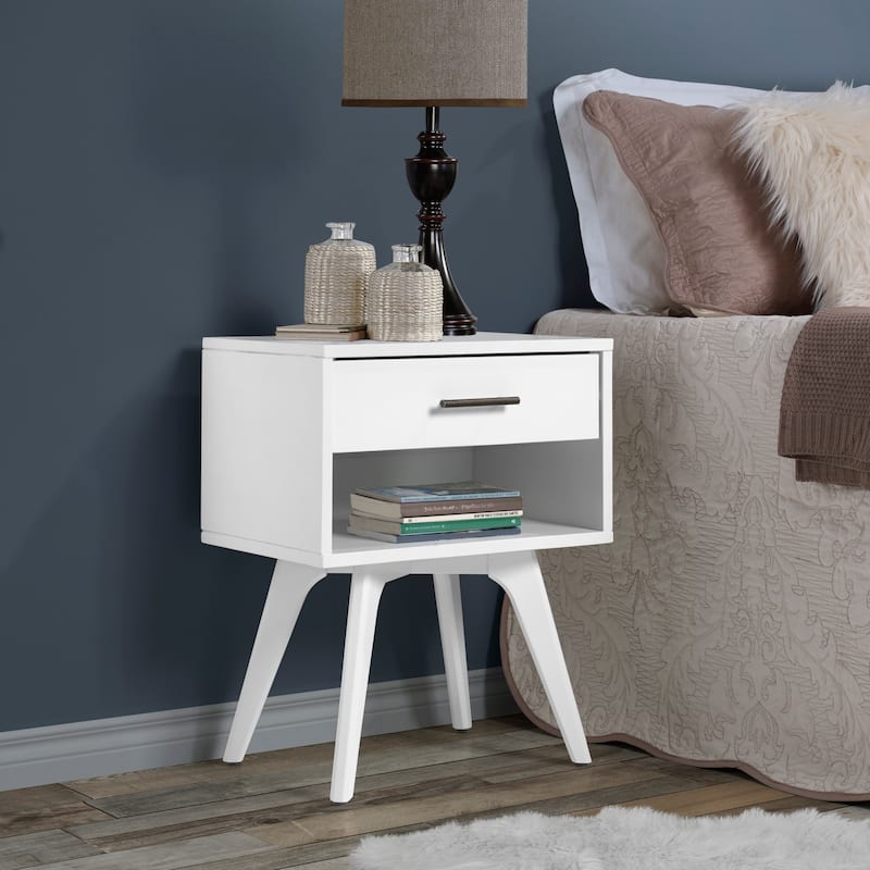 Mid Century Modern One Drawer Nightstand - White Finish