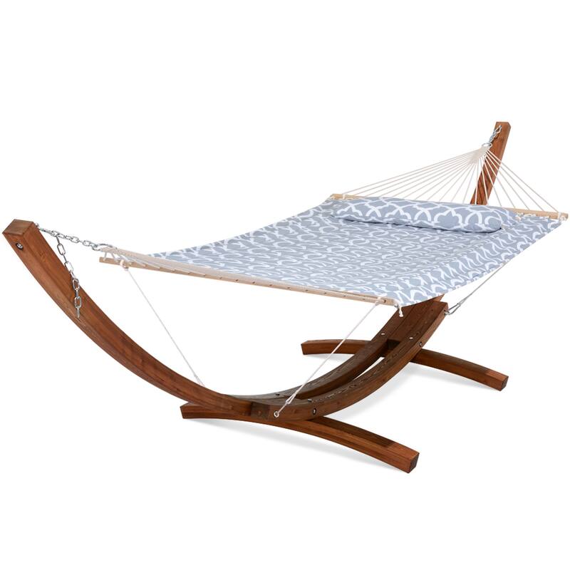 Double Spreader Bar Hammock With 13.5 ft. Wooden Stand - 162*55.1*48.8 - Gray Pattern
