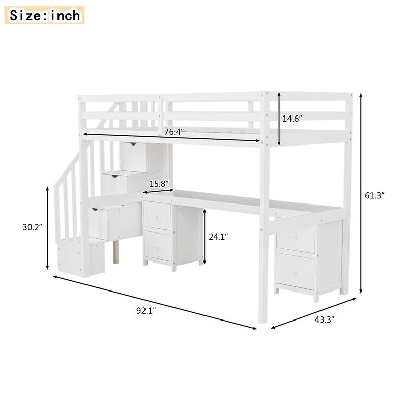 Twin Loft Bed with Built-in Desk and Double Drawers, White