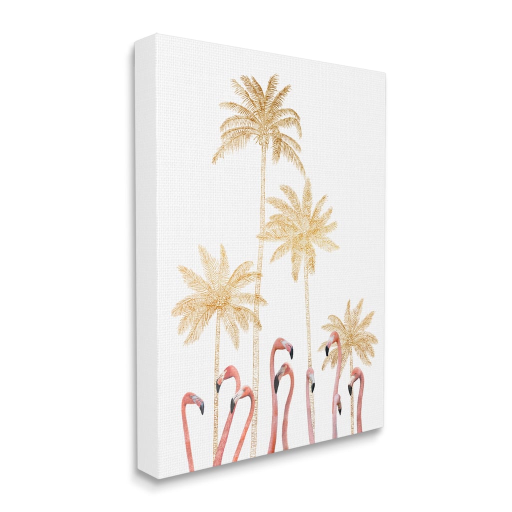 Stupell Tall Flamingoes Golden Palm Trees over White Canvas Wall Art