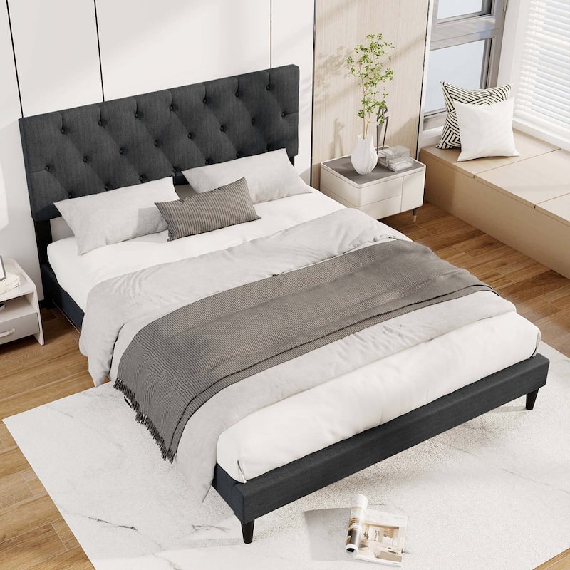 Costway Twin/Full/Queen Size Bed Frame with Button-Tufted Headboard & - Queen