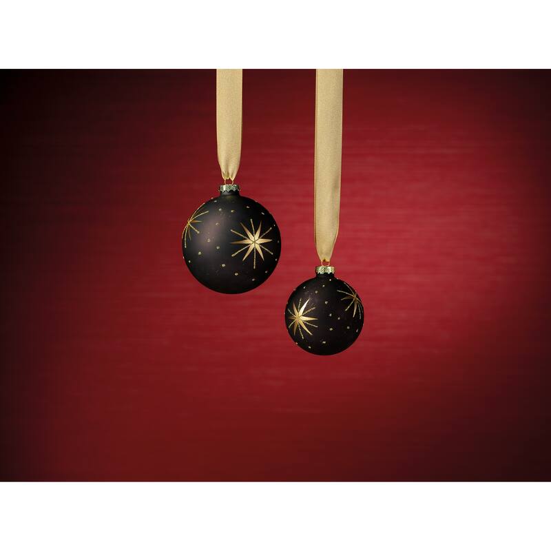 4" Gold and Black Star Design Ball Ornaments, Set of 6