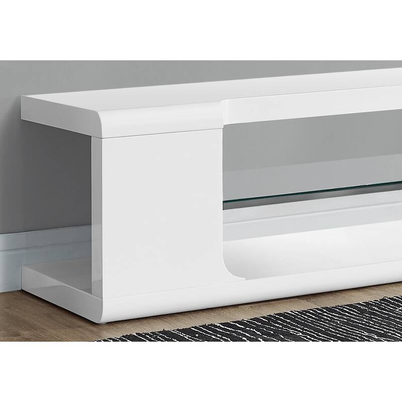 59" Contemporary TV Stand, Glossy White with Tempered Glass Shelf