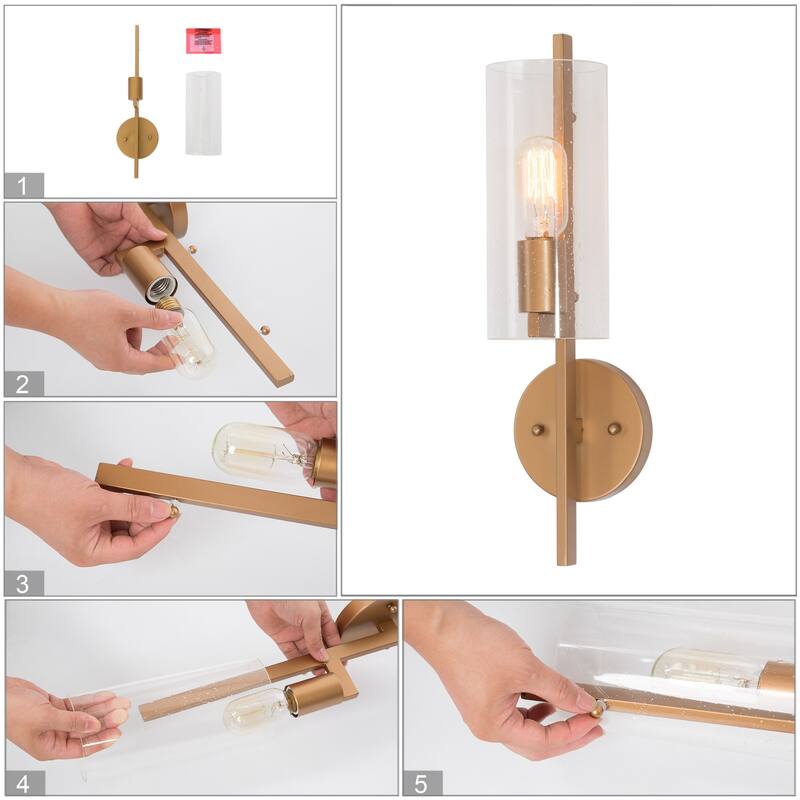 Modern 1-Light Gold Seeded Glass Cylinder Wall Sconces Dimmable Bathroom Vanity Lights