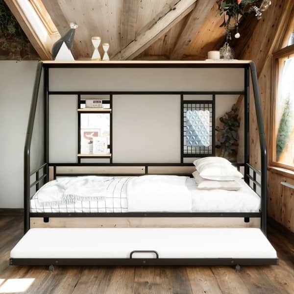 slide 2 of 20, Metal Full Size House Bed with Trundle and Built-in Shelf and Grid,Kids and Baby Black