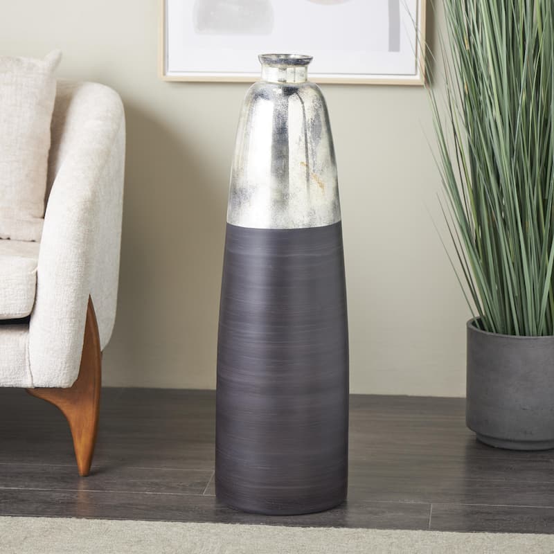 Glass Tall Brushed Two-Toned Floor Decorative Vase with Textured Silver Top - Black - Roche River Decor