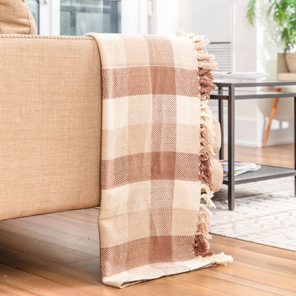 Fabstyles Herringbone Checkered Cotton Throw Blanket with Fringes