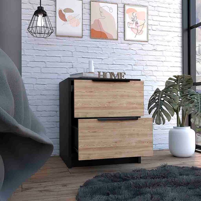 Modern Black and Pine Nightstand with Two Drawers