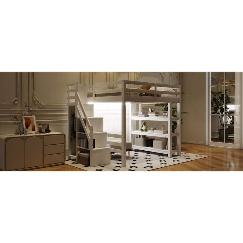 Roomfitters Twin/Full Size Loft Bed with Wardrobe, Storage Staircase and LED Light, White