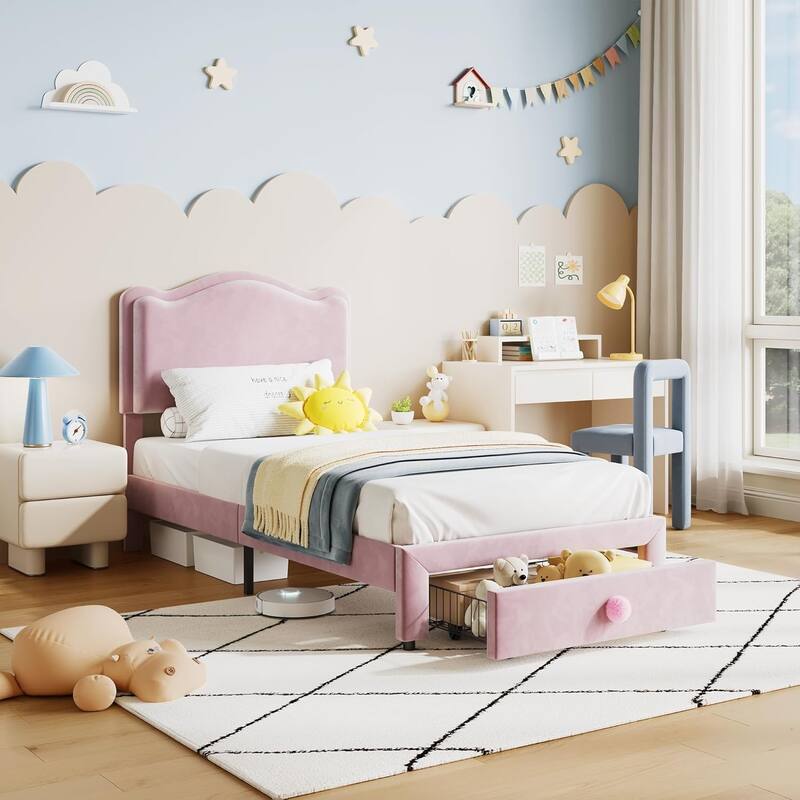 Upholstered Bed Frame for Kids with Storage Drawer and Scallop Headboard, No Box Spring Needed - Twin - Pink