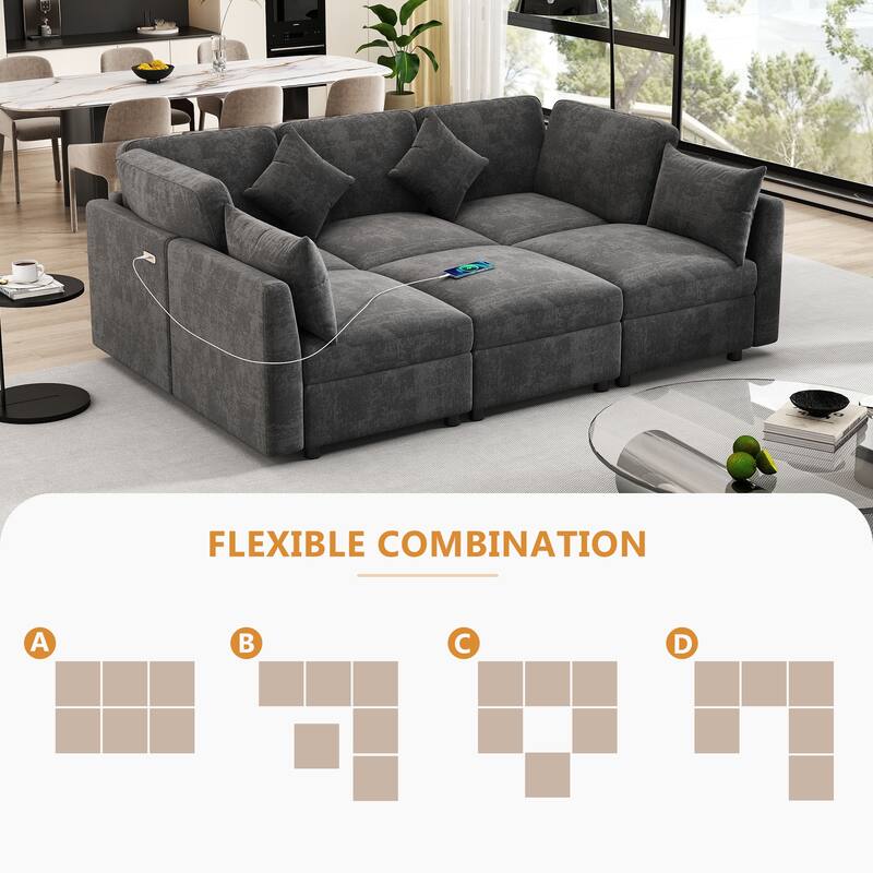 86.6" Modular Sectional Sofa with Ottoman and USB Ports, U-Shaped L-Shape Couch Bed with Chenille Fabric for Living Room