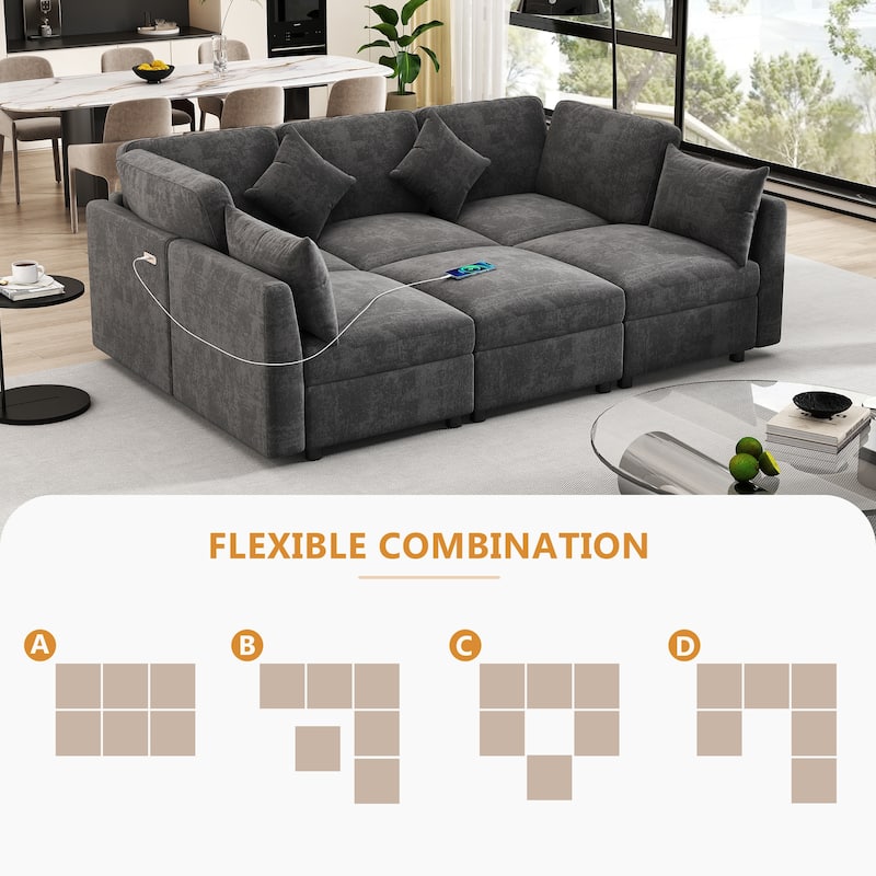 86.6" U-Shaped Sectional Sofa with USB Ports - Modular Sofa Bed with Movable Ottoman for Living Room