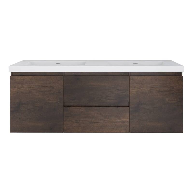 MDF Wall-Mounted Bathroom Vanity Set in Rose Wood with Integrated Culture Marble Sink - 60'' x 20''