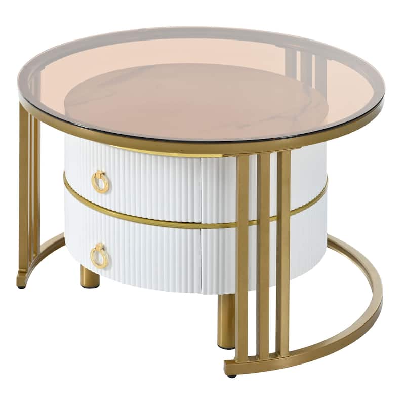 Stackable Round Coffee Table with 2 Drawers, Modern Nesting Tables