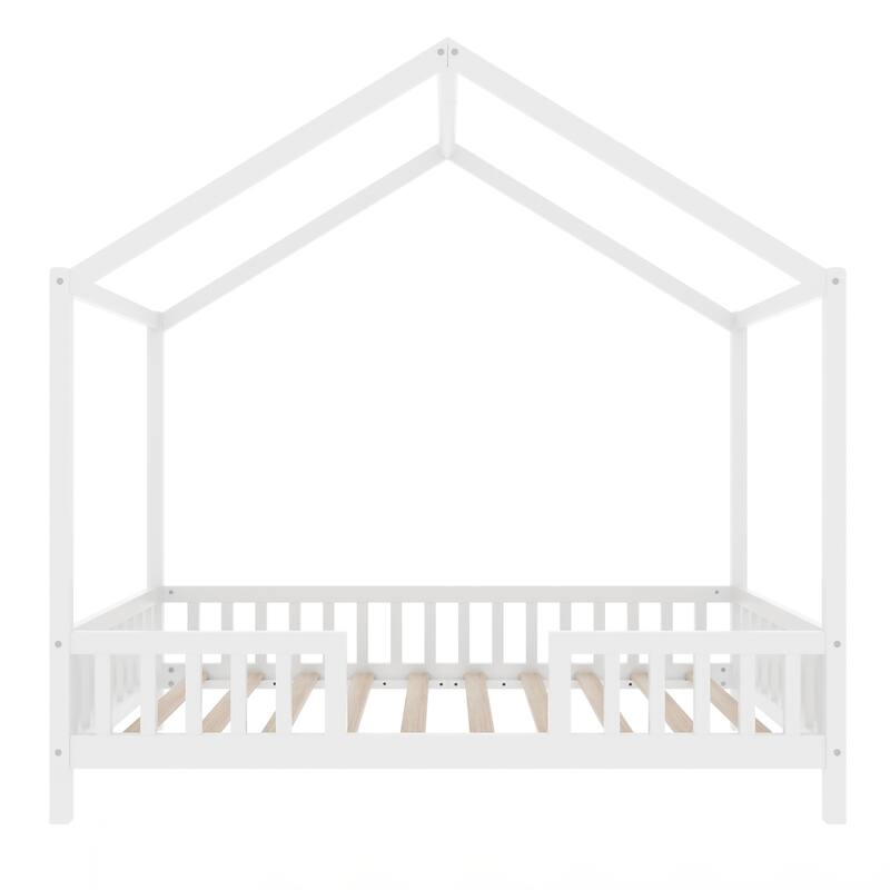 Twin Bed Frame for Kids, House Shape Toddler Bed Frame with High Railings, Wood Kids Bed with Roof