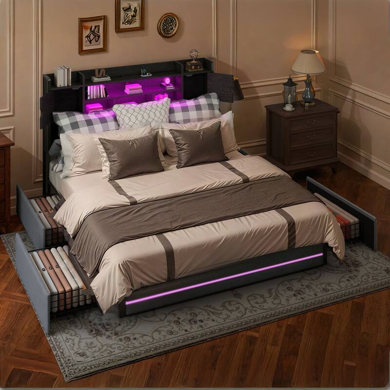 Velvet Upholstery Bed Frame With 4 Underbed Storage Drawer, LED Lights And Charging Station
