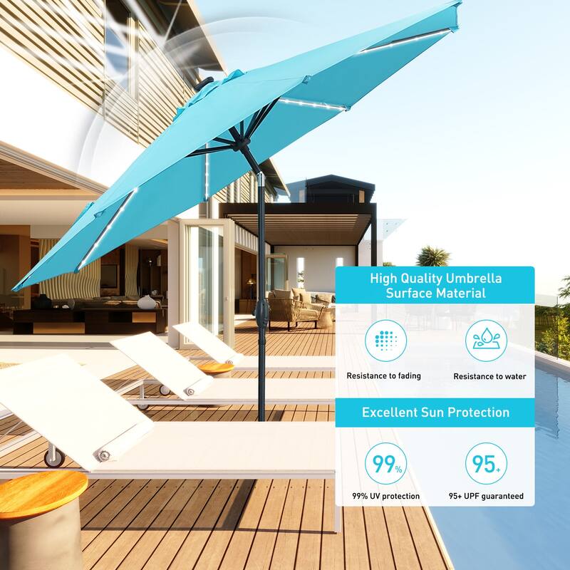 Ainfox 10ft Solar Patio Umbrella 40 LED Lighted and Umbrella Base, Strip Lights Outdoor Market Table Umbrella