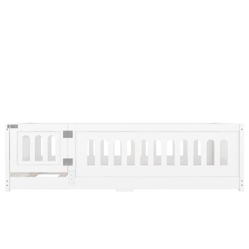 Full Size Floor Bed with Slats, Solid Wood Bedframe with Heightened Safety Guardrails and Door