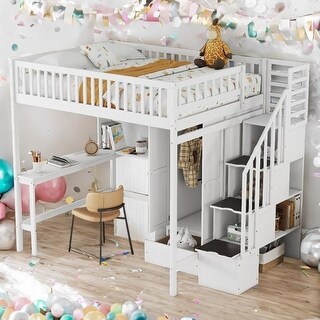 Full Size Wooden Loft Bed with Bookshelf,Drawers,Desk,and Wardrobe,Multifunctional Loft Bed