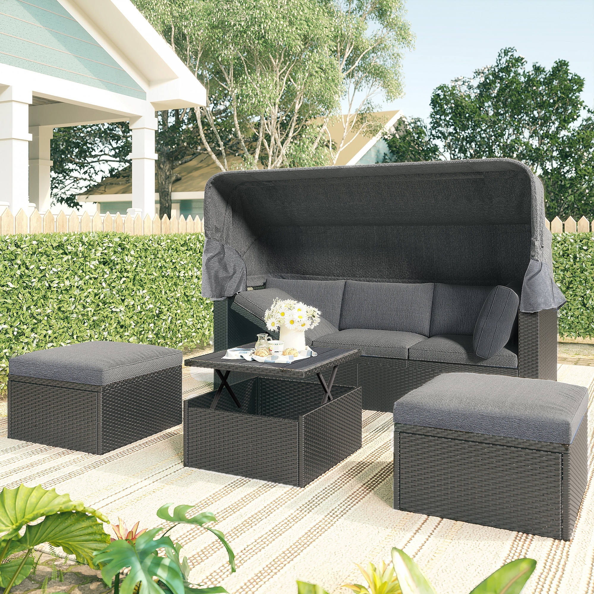 Outdoor Patio Daybed Sofa Set with Retractable Canopy & Reclining