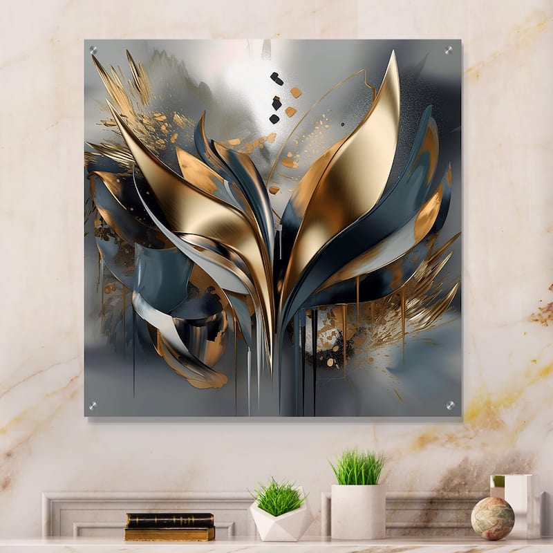 Designart "Abstract Shapes And Lines IV" Abstract Marble Gloss Wall Decor Gold - Modern Acrylic Wall Art For Living Room