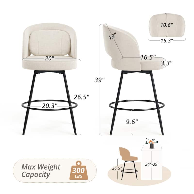 26 Inch Modern Upholstered Bar Stools, Swivel Metal Bar Stools Set Of 2/3/4, Bar Stools For Kitchen Island