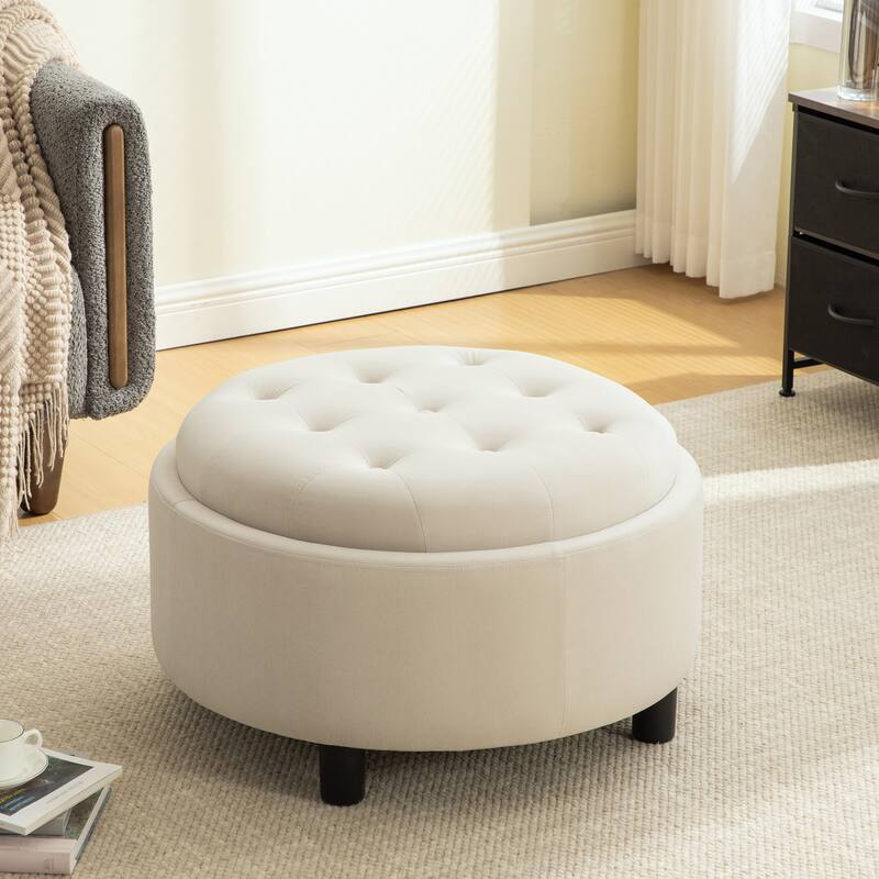 29.33"W Upholstered Round Ottoman With Reversible Lid,Fleece Fabric Storage Stool,Hand-pulled buckle decoration Design Footstool