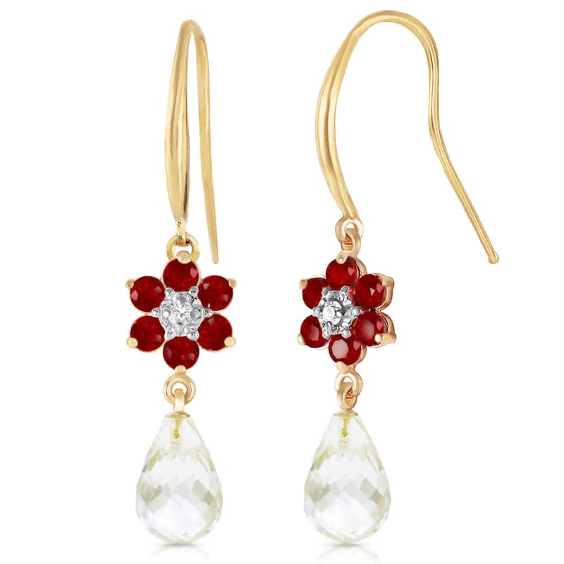 14K Solid Gold Hook Earrings w/ Diamonds, Rubies & Rose Topaz - Yellow