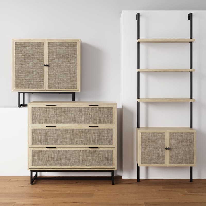 Kova 3-Drawer Rattan Dresser or Bohemian Living Room Storage Cabinet with Textilene Rattan Accent and Metal Legs