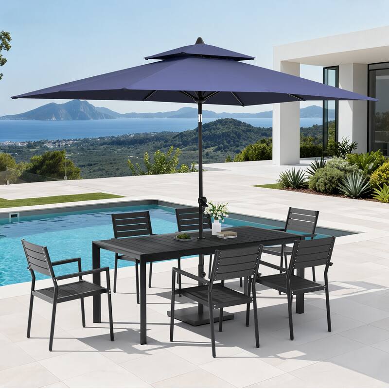 Set of 9 Outdoor Patio Dining Set WoodLike Aluminum Umbrella Hole Table with Stackable Armchairs, Market Umbrella Set - BlackTable&BlackChairs&NavyBlueUmbrella