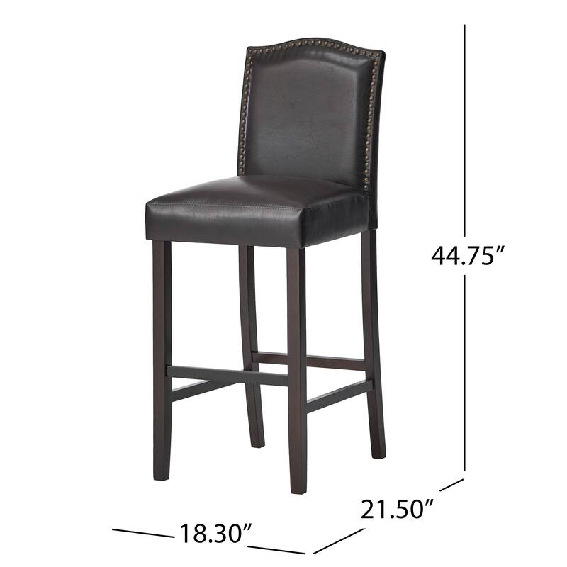 Modern Set of 2 Bar Stools with Leather Cushioned Backrests, Nailhead Trim, Solid Wood Legs for Dining Room Living Room Bar