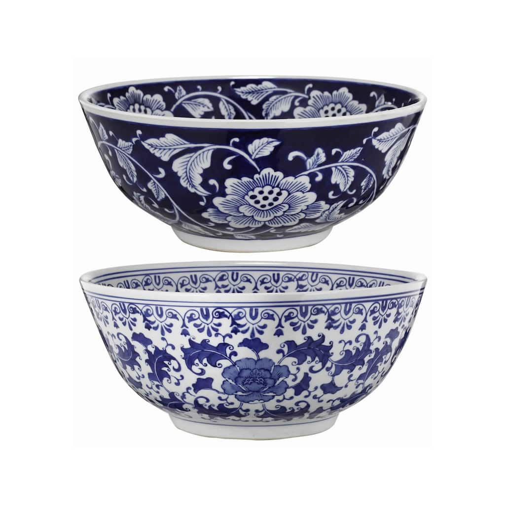 Set Of 2 Ceramic Bowls, Blue And White,