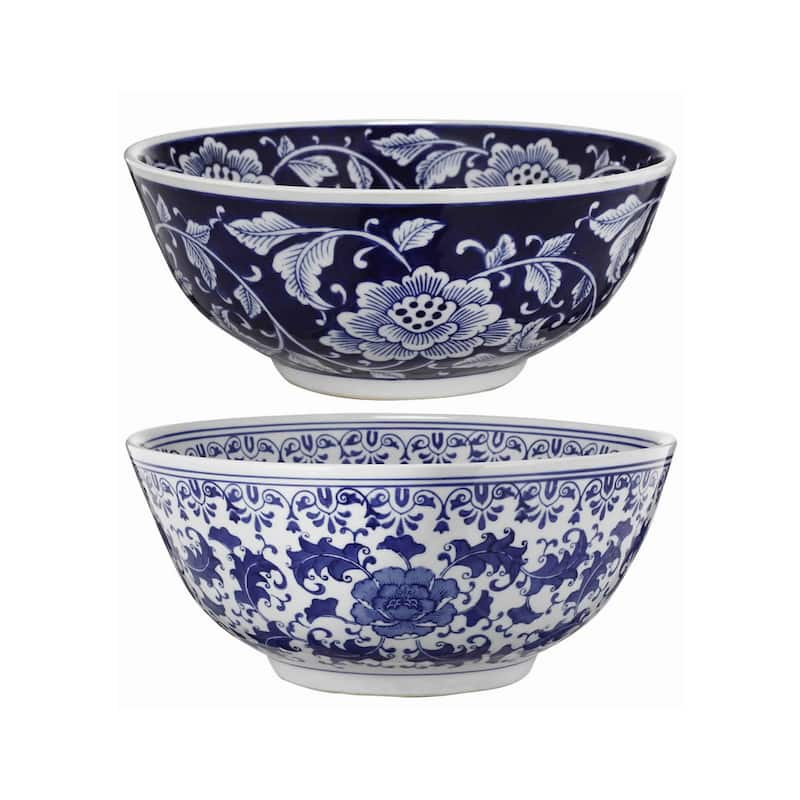 Set Of 2 Ceramic Bowls, Blue And White,