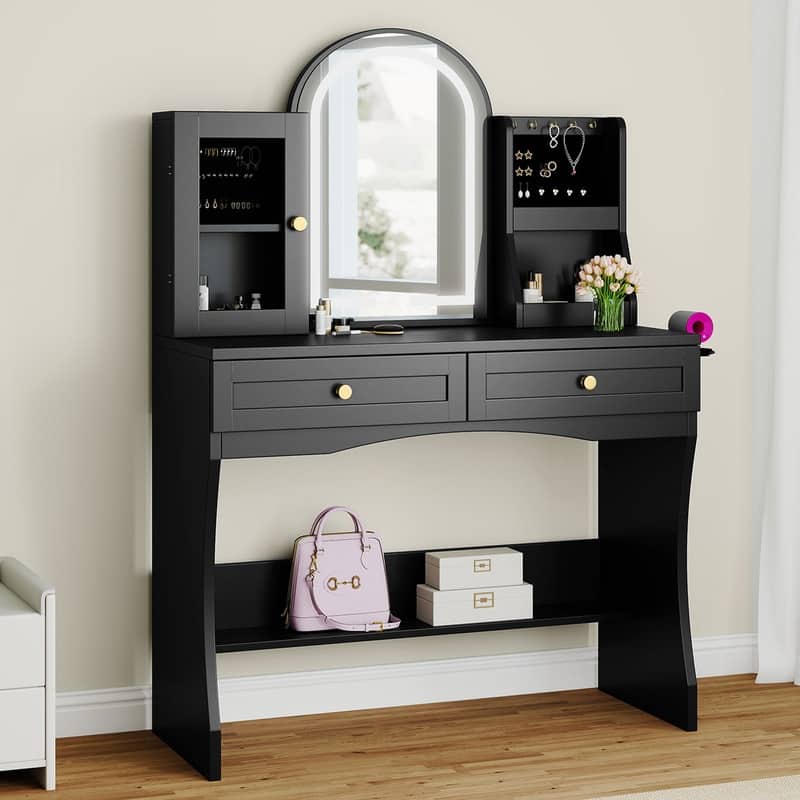 Moasis 35.5-inch Makeup Vanity Desk with Arc-Shaped Mirror and Power Outlets - Black