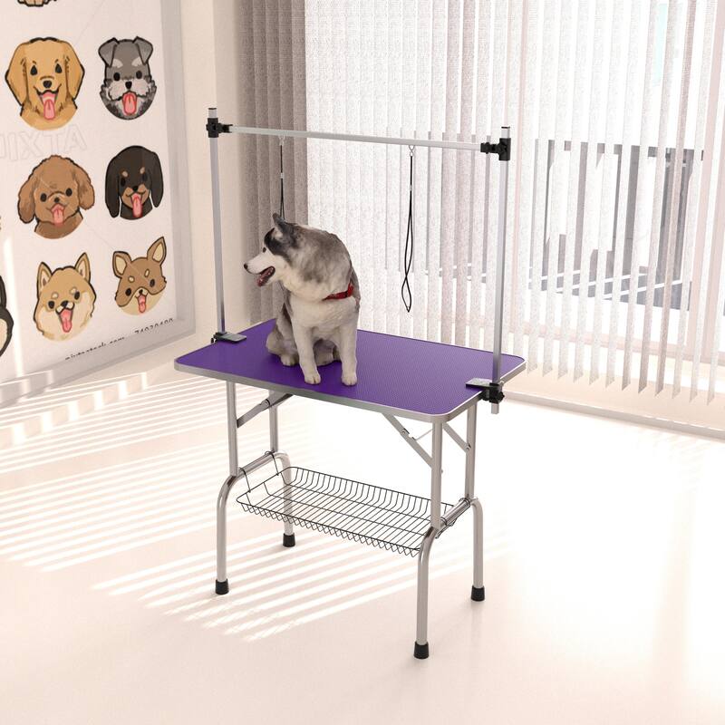 Anmytek Folding Pet Grooming Table Stainless Steel Frame Non Slip Purple Rubber Top with Safety Restraints and Storage Basket - Purple