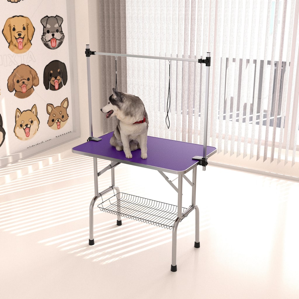 Anmytek Folding Pet Grooming Table Stainless Steel Frame Non Slip Purple Rubber Top with Safety Restraints and Storage Basket