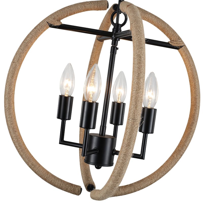 4-Light Beige Brown Hemp Rope Globe Chandelier - Beige Brown