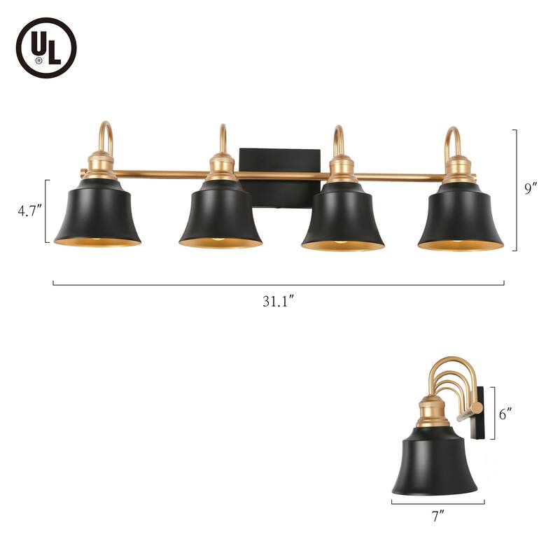 Farmhouse Rustic Black Metal 4-light Bathroom Vanity Light with Bell Metal Shade - L 31" x W 7.5" x H 9"