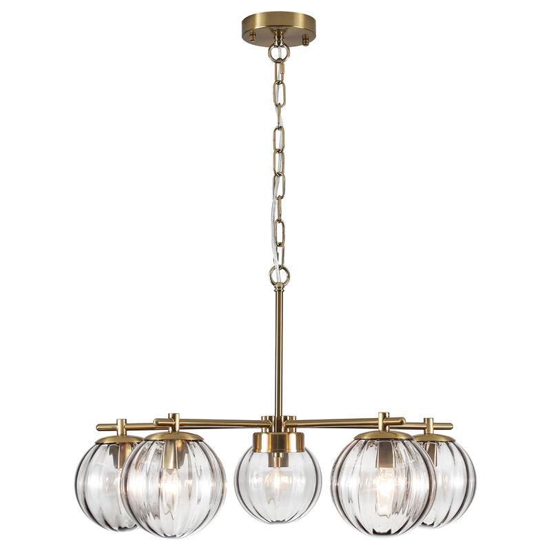 Mid-Century Modern 5-Light Globe Chandelier with Adjustable Chain, Textured Glass Shades - Brushed Gold