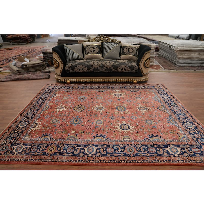 Hand Knotted Traditional Wool Orange Geometric Area Rug - 9' 10'' X 8' 0''