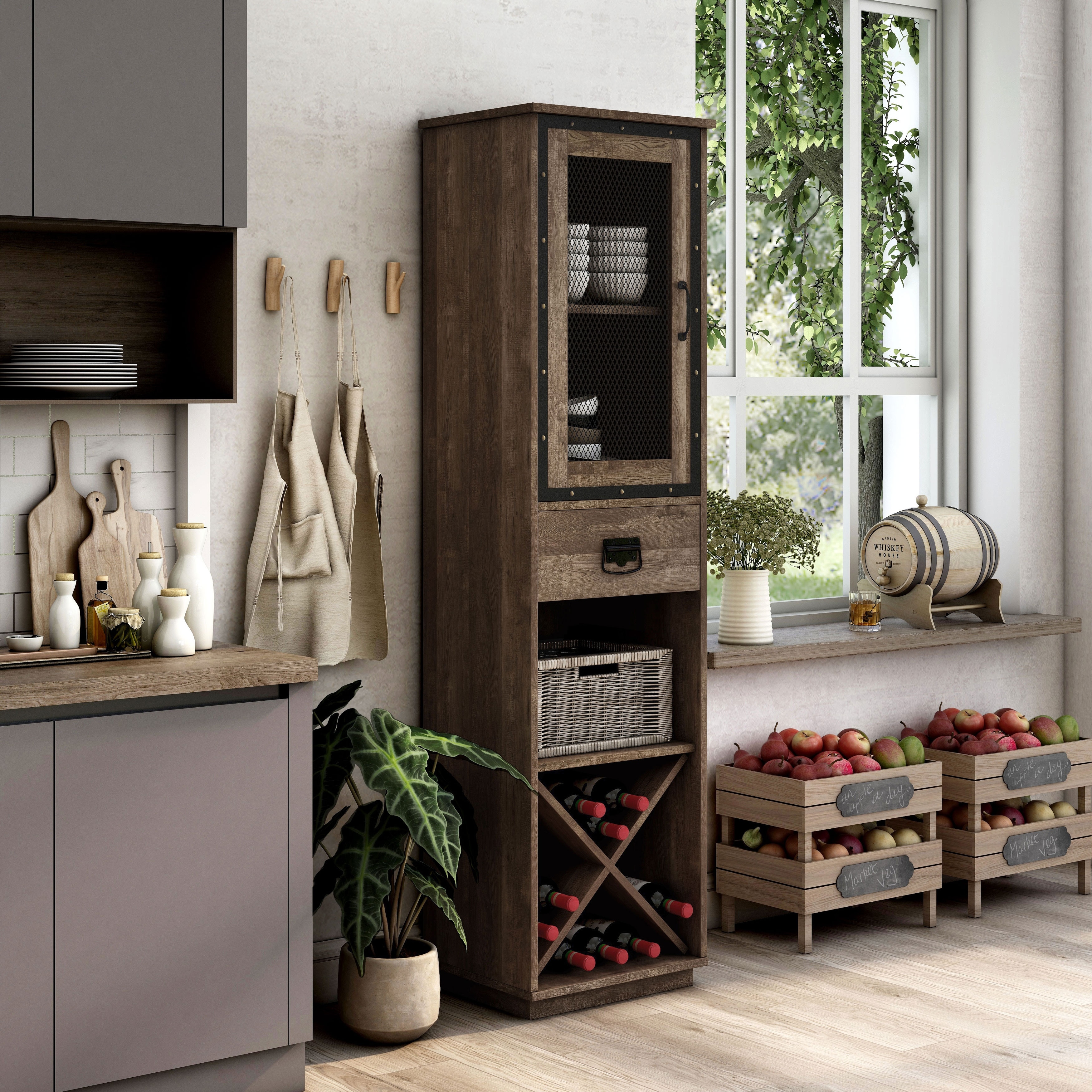 DH BASIC Industrial 3 shelf Tower Cabinet with Wine Bottle Storage by Denhour