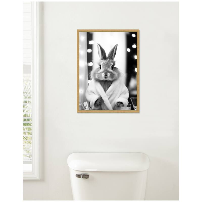 Kate and Laurel Sylvie Bunny Glam Bathroom Art Towel Robe Black and White Framed Canvas by The Creative Bunch Studio