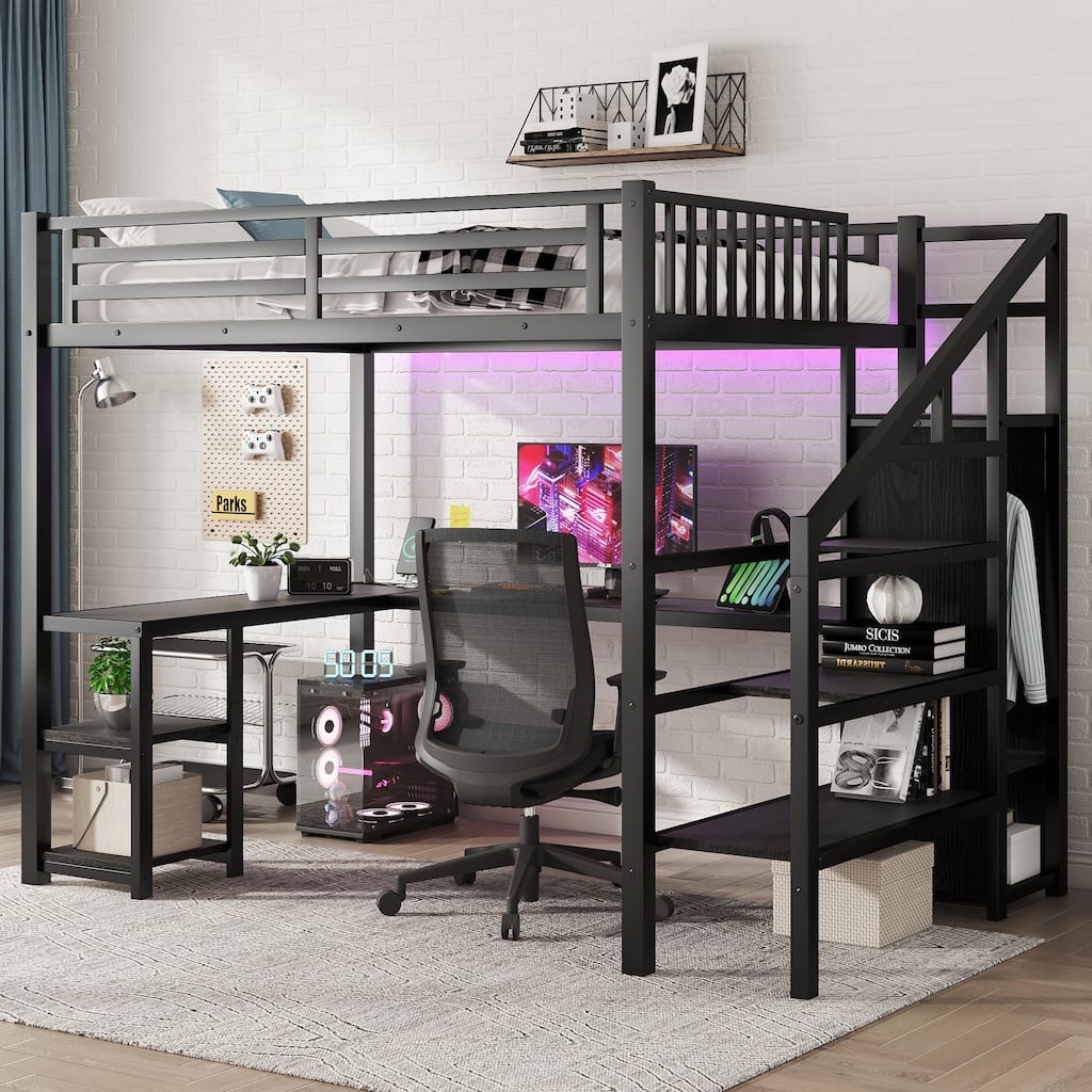 Full Size Metal Loft Bed with Wardrobe, L-Shaped Desk, USB Charging, and LED Light for Kids, Teens, and Adults