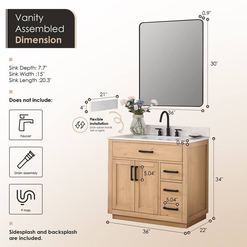 Altair Gavino Bath Vanity with Grain White Composite Stone Top and Mirror