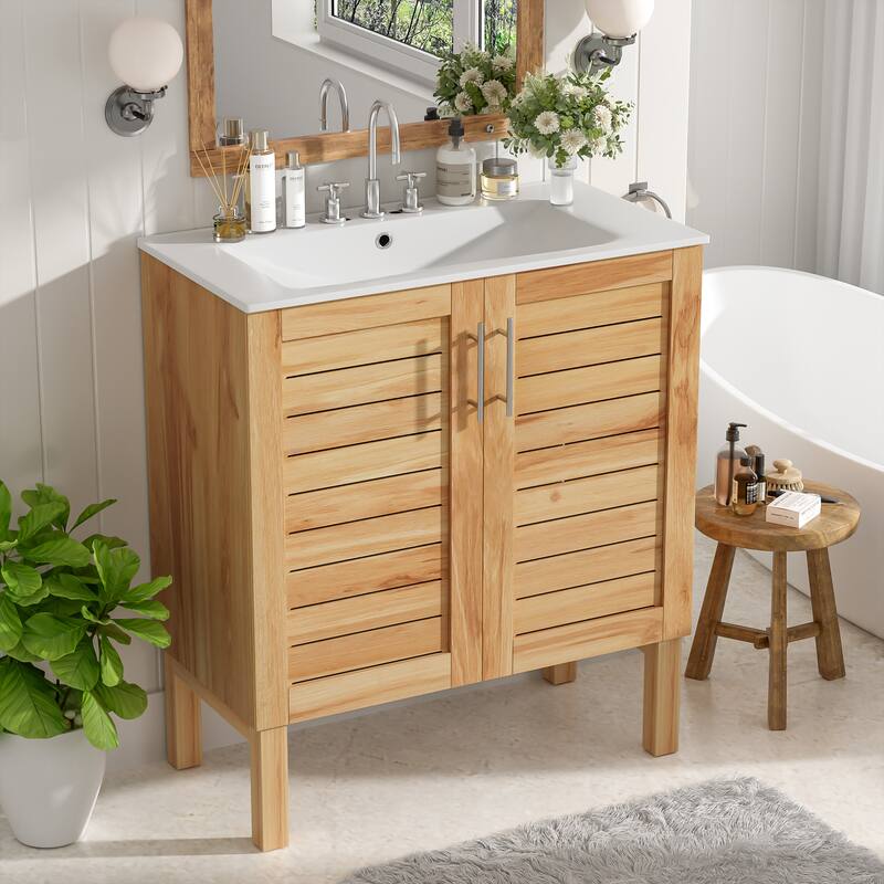 Roomfitters 30" Antique Bathroom Vanity with Ceramic Sink, Mid-Century Cabinet with Soft-Close Doors, Antique Natural