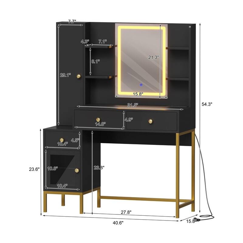 Vanity Desk with LED Mirror, Charging Station, Drawers, Shelves, Jewelry Cabinet