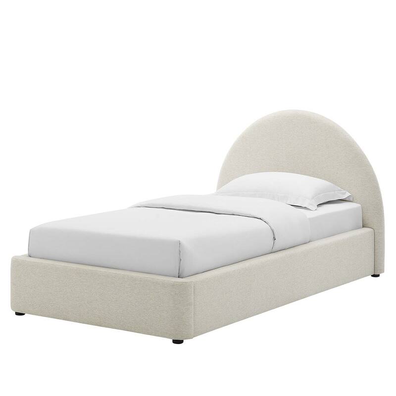 Palmetto Modern Round Headboard Ivory Fabric Upholstered Twin Size Platform Bed