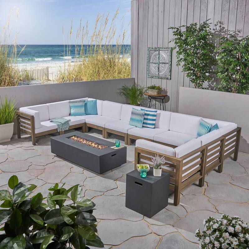 Oana Outdoor 12-Piece U-Shaped Acacia Wood Sectional Sofa Set with Fire Pit by Christopher Knight Home