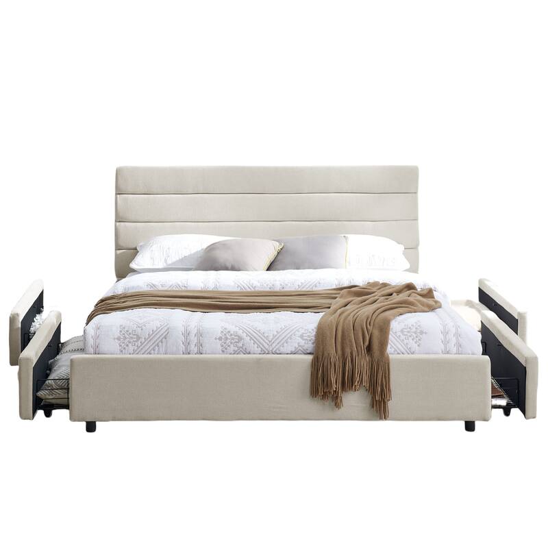 Queen Size Modern Upholstered Bed Frame with Headboard and Drawers